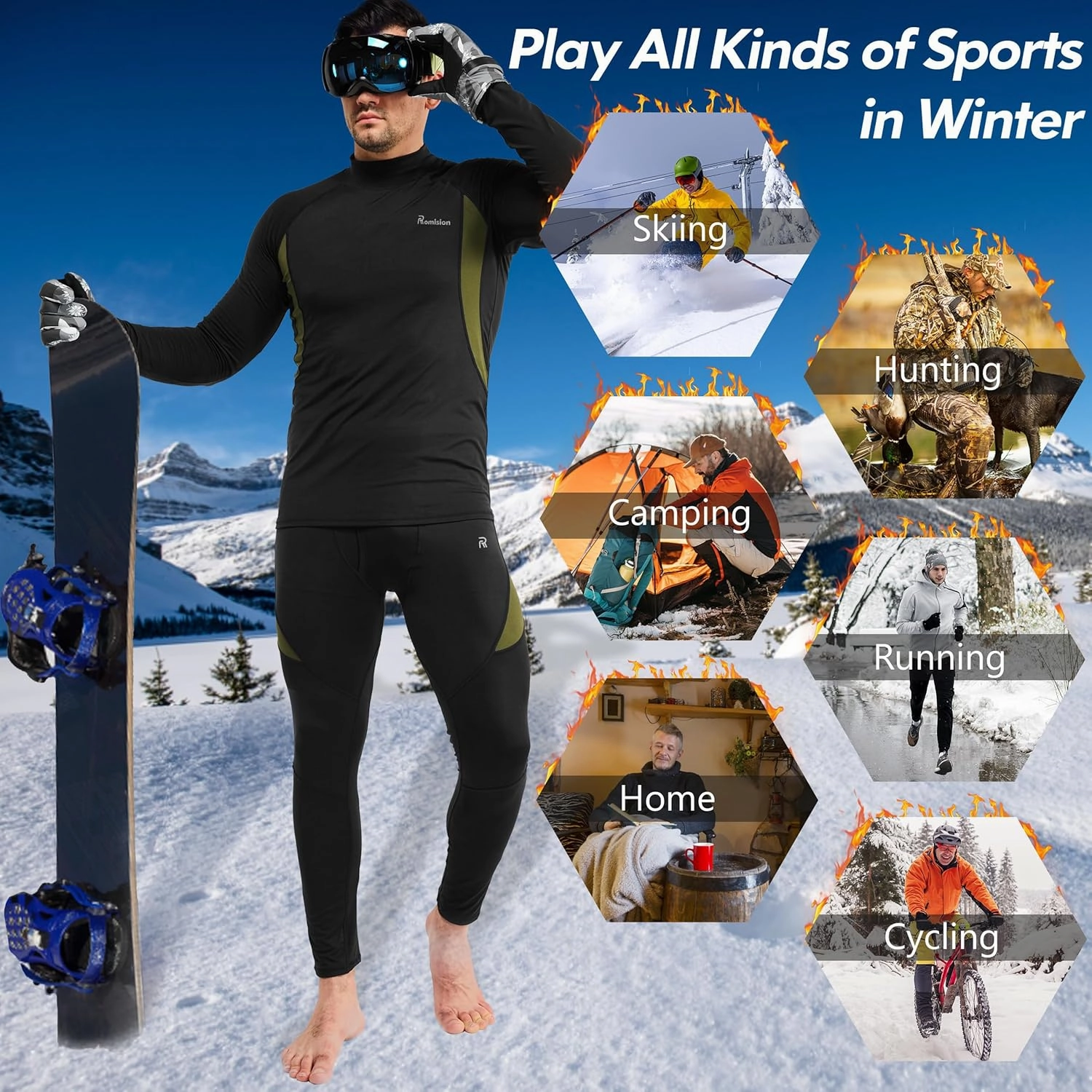 romision 2 Pack Thermal Underwear for Men Long Johns Fleece Lined Hunting Gear Bottom Top Set Base Layer Cold Weather XS-4XL
