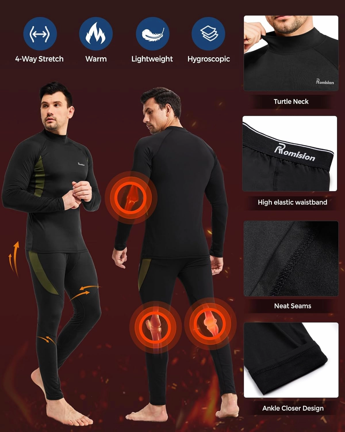 romision 2 Pack Thermal Underwear for Men Long Johns Fleece Lined Hunting Gear Bottom Top Set Base Layer Cold Weather XS-4XL