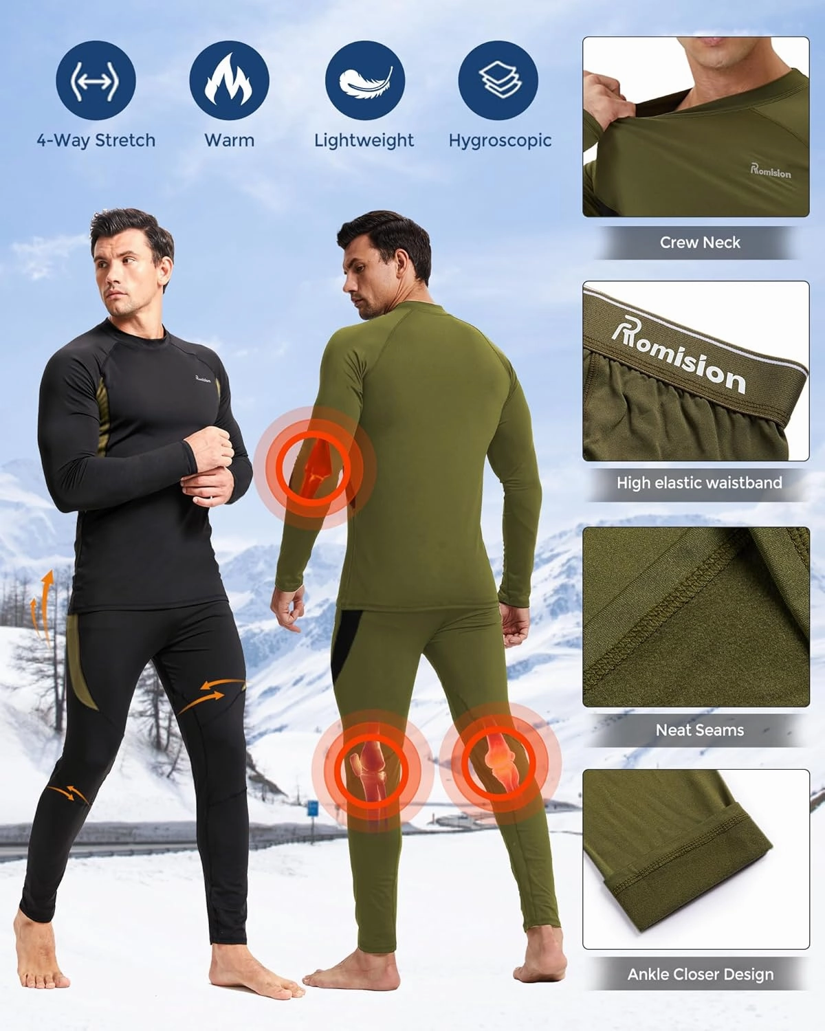 romision 2 Pack Thermal Underwear for Men Long Johns Fleece Lined Hunting Gear Bottom Top Set Base Layer Cold Weather XS-4XL