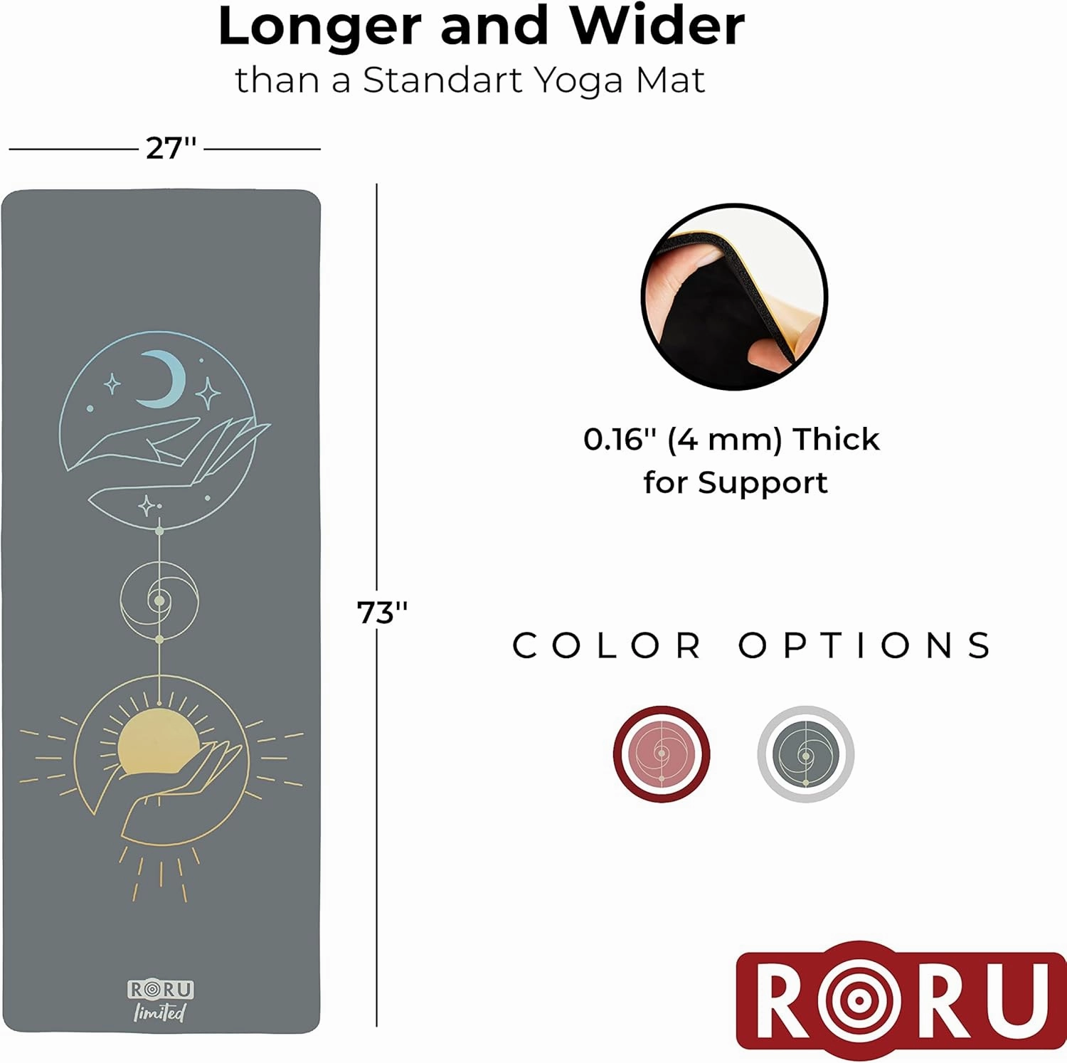RORU Concept Sun & PRO Series Yoga Mat Thick Non Slip Large and Wide 72 x 27 inch & 68 x 24 inch Yoga Mat Non Slip, Workout Exercise Mat for Pilates, for Women and Men
