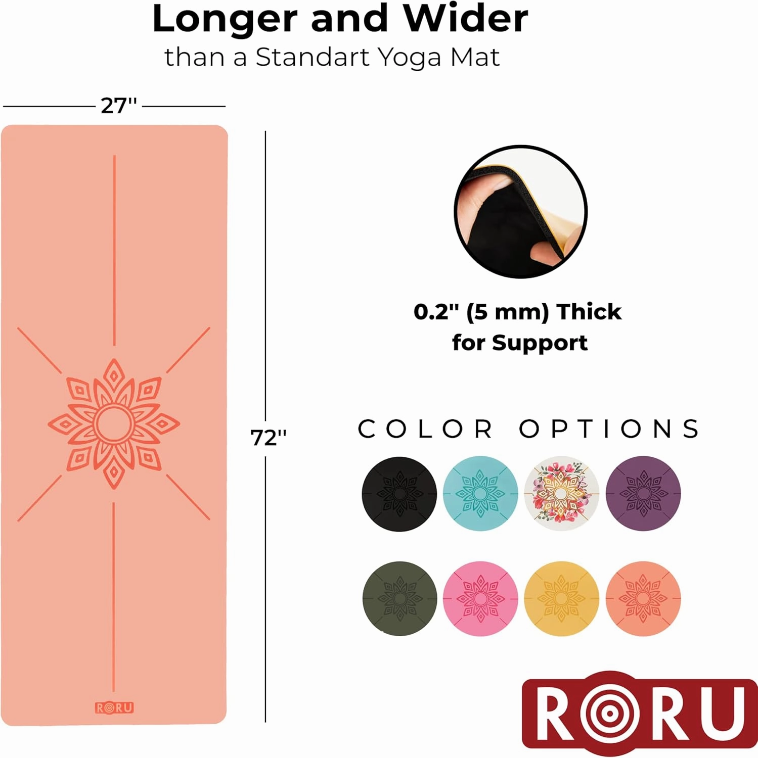 RORU Concept Sun & PRO Series Yoga Mat Thick Non Slip Large and Wide 72 x 27 inch & 68 x 24 inch Yoga Mat Non Slip, Workout Exercise Mat for Pilates, for Women and Men