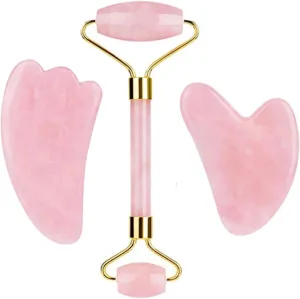 Rose Quartz Face Roller And Gua Sha Set Natural Jade Gouache Scraper Gua Sha Massage Quartz Roller Facial Lifting Massage Tool,type 2