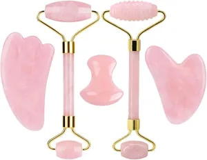Rose Quartz Face Roller And Gua Sha Set Natural Jade Gouache Scraper Gua Sha Massage Quartz Roller Facial Lifting Massage Tool,type 7