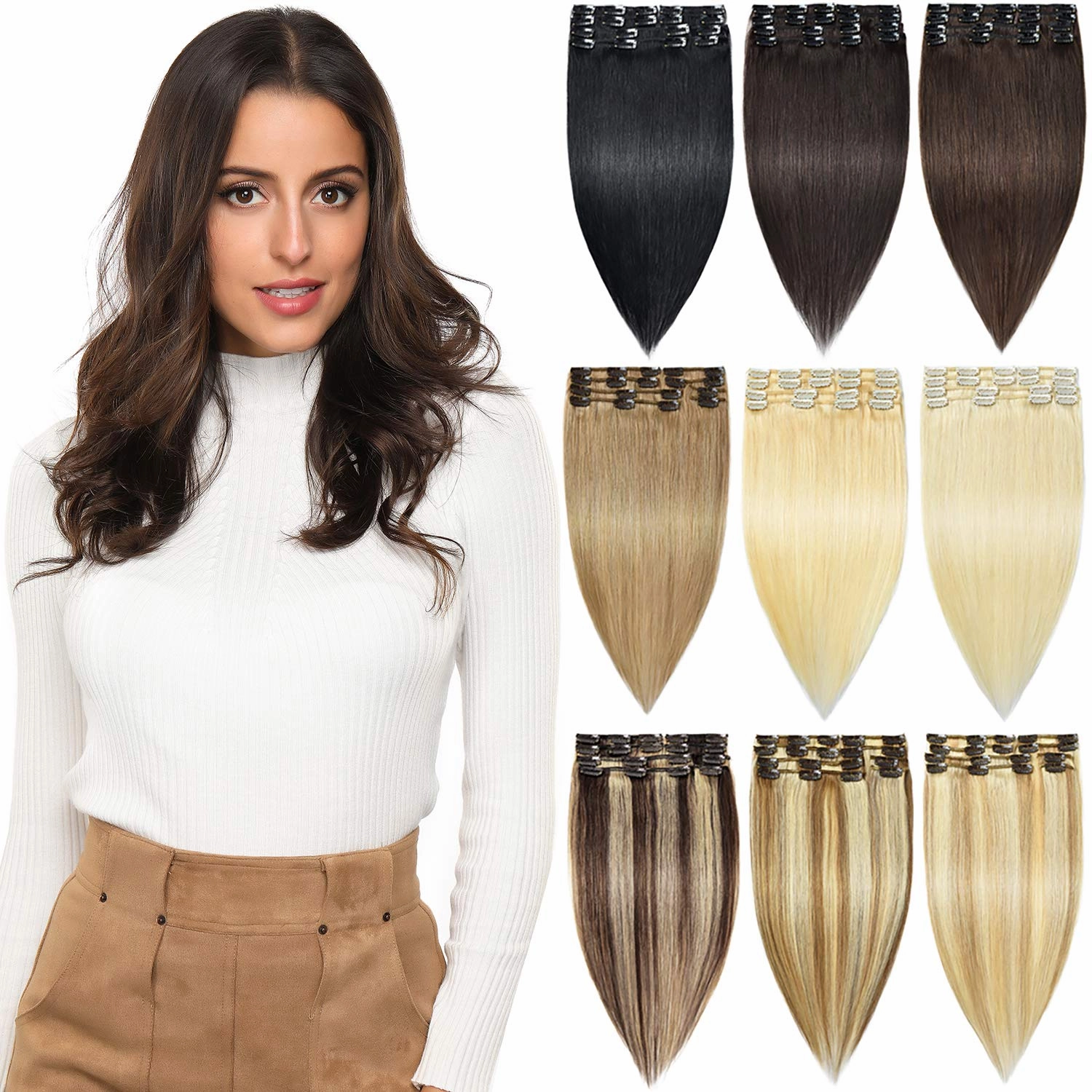 Rose bud Clip in Hair Extensions REMY Human Hair 8Pcs 18 Clips 60g/Set 12 Inch Dark Blonde