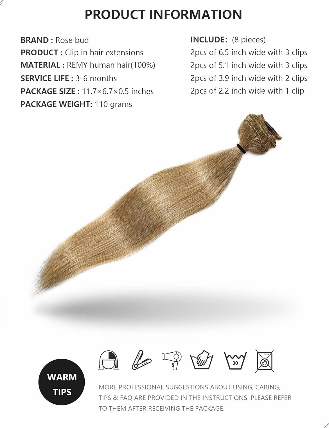 Rose bud Clip in Hair Extensions REMY Human Hair 8Pcs 18 Clips 60g/Set 12 Inch Dark Blonde