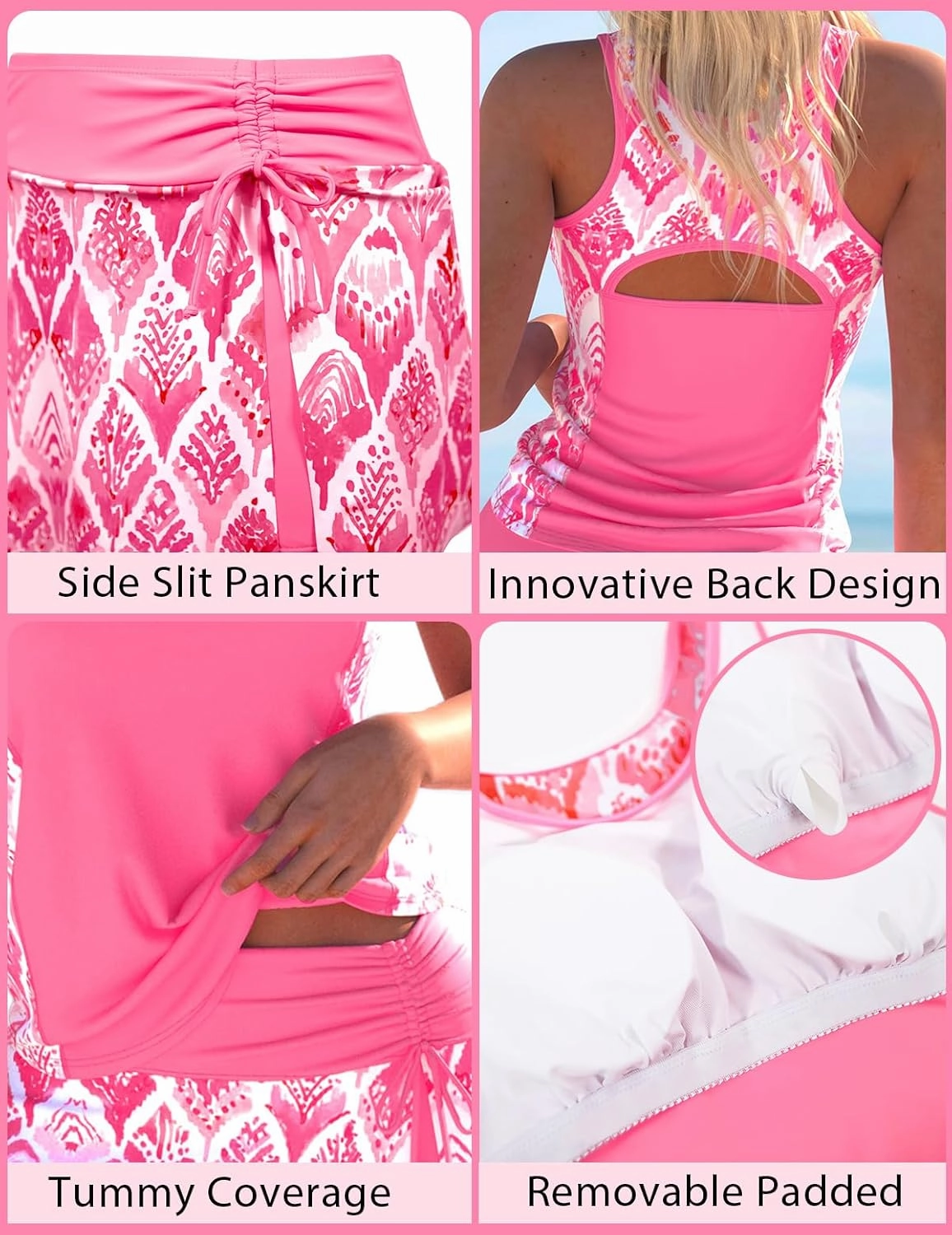 ROSEWE Tribal Print Tankini Swimsuits for Women, Modest Tummy Coverage Bathing Suits with Skirt, 2 Piece Sporty Swimwear