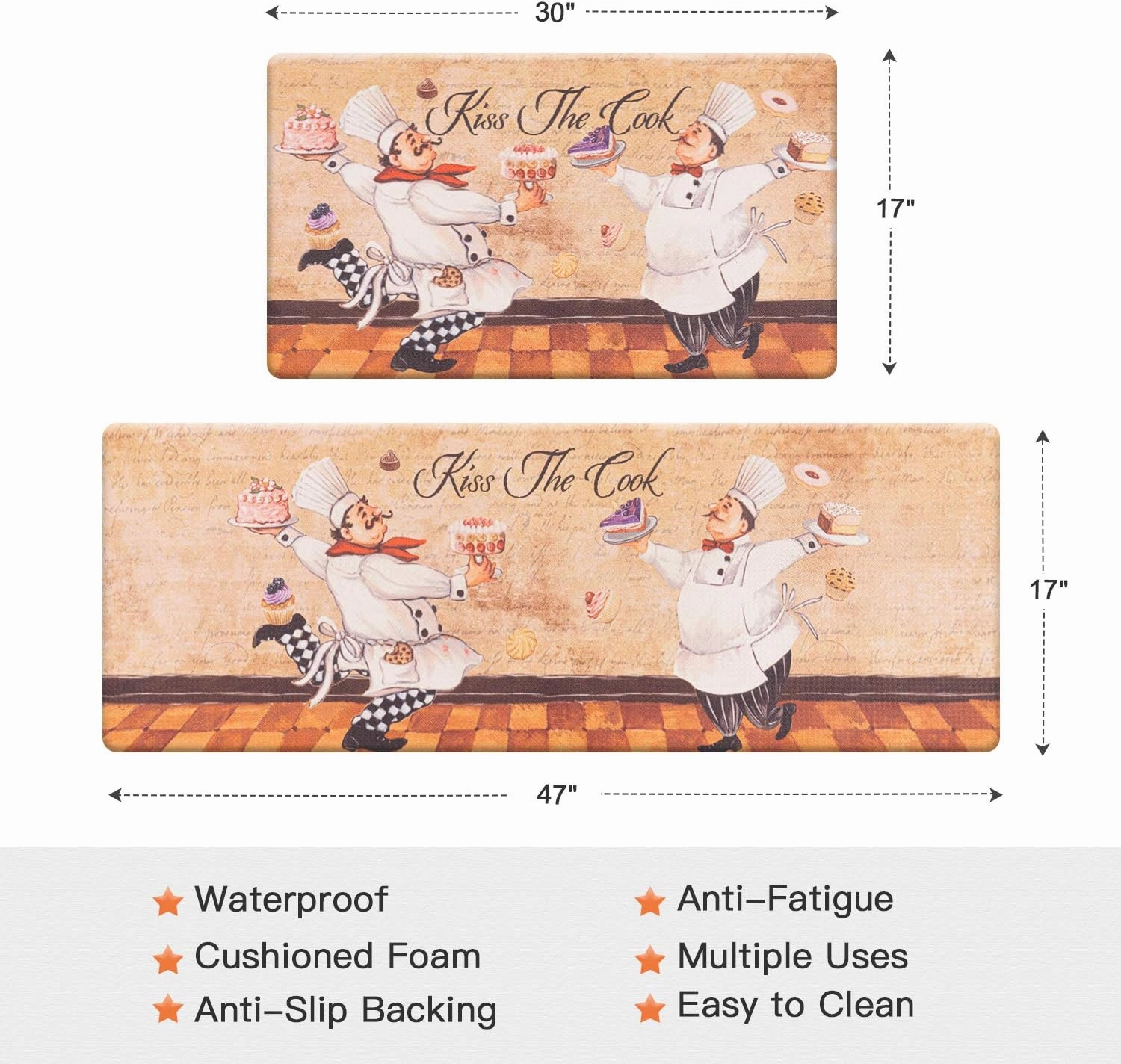 ROSMARUS Kitchen Mats for Floor, Kitchen Rug Set 2 Piece, Cushioned Anti-Fatigue Kitchen Floor Mats, Waterproof Easy to Clean Comfort Standing Mats (Cook Theme, 17"×30" 17"x47")