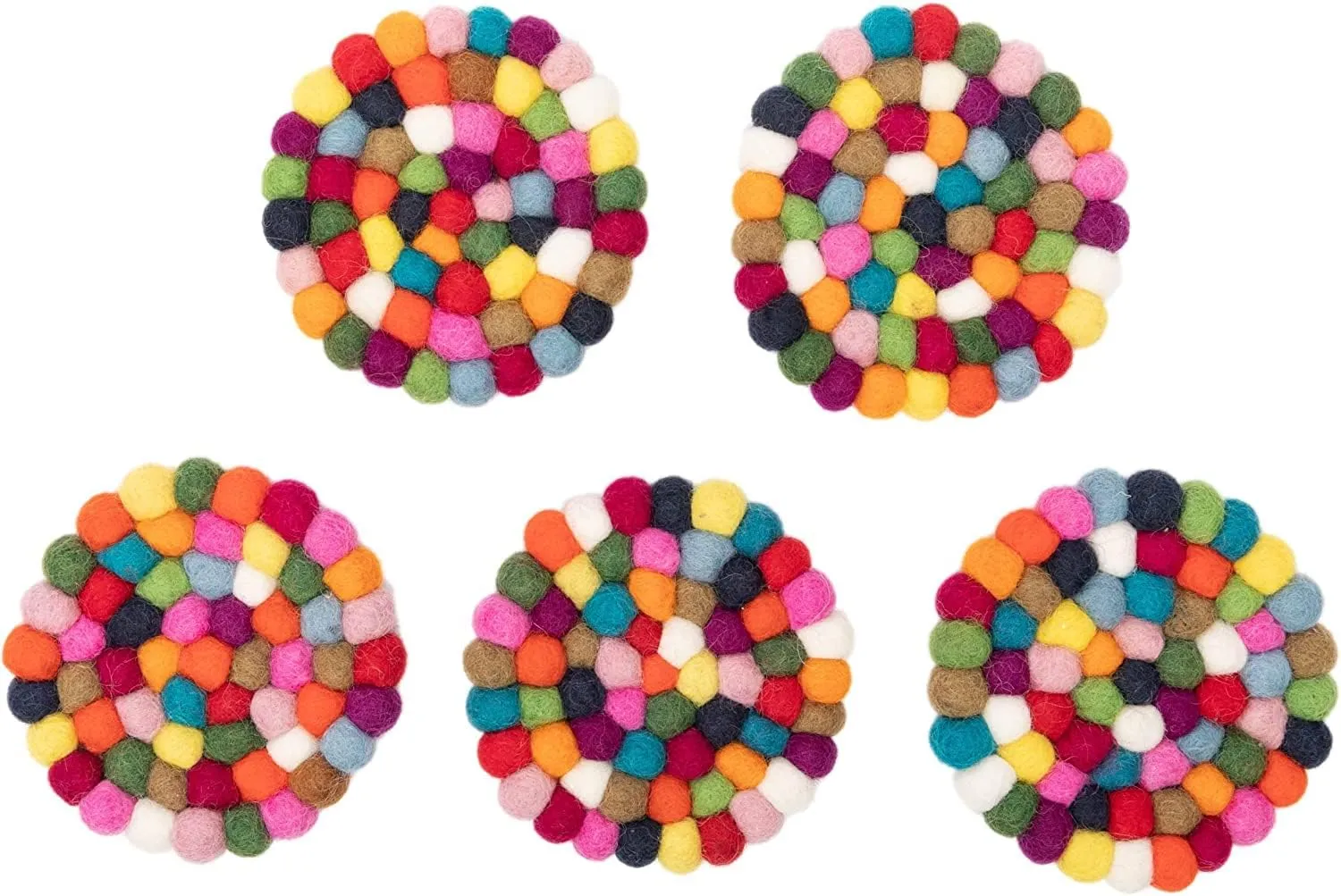 Round Felt Ball Coasters - 100% Merino Wool Table Coasters - Felt Coaster Pads, Absorbent Trivet for Drinks - Heat Resistant, Thick & Durable Hand Felted in Nepal by Woolygon- Multicolor - Set of 5