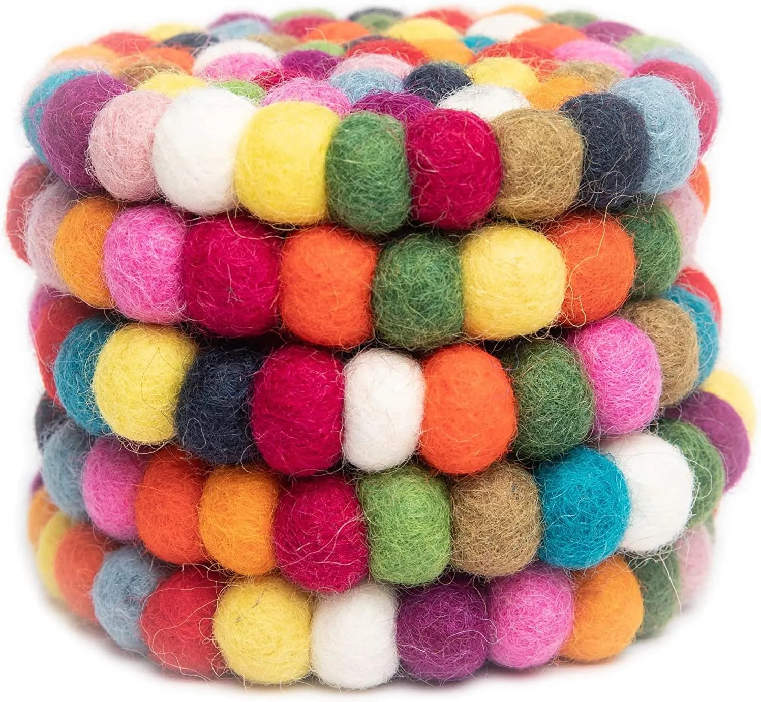 Round Felt Ball Coasters - 100% Merino Wool Table Coasters - Felt Coaster Pads, Absorbent Trivet for Drinks - Heat Resistant, Thick & Durable Hand Felted in Nepal by Woolygon- Multicolor - Set of 5