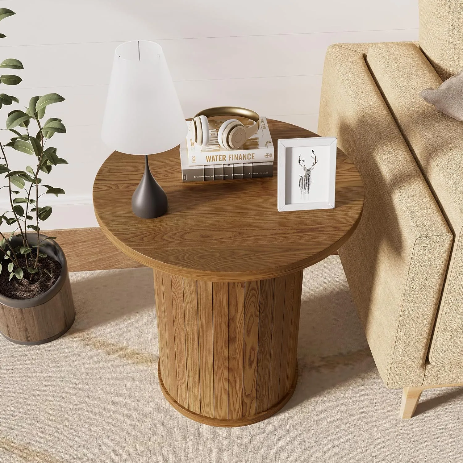 Round Nesting Coffee Table Sets of 2, Mid Century Modern Coffee Table, Wood Slat Nesting Table Set,Mesa De Dentro for Living Room,Office,Balcony, Brown Walnut