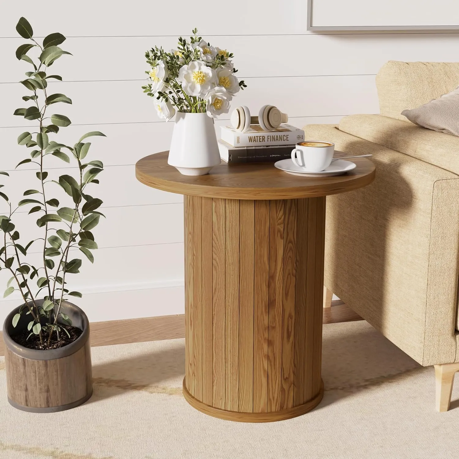 Round Nesting Coffee Table Sets of 2, Mid Century Modern Coffee Table, Wood Slat Nesting Table Set,Mesa De Dentro for Living Room,Office,Balcony, Brown Walnut