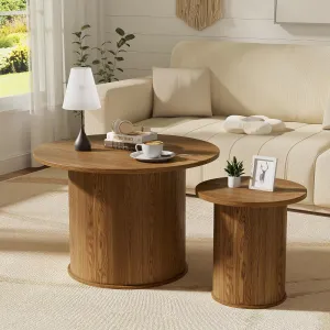 Round Nesting Coffee Table Sets of 2, Mid Century Modern Coffee Table, Wood Slat Nesting Table Set,Mesa De Dentro for Living Room,Office,Balcony, Brown Walnut