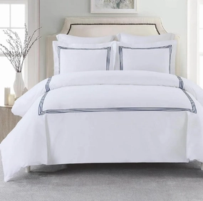 Royal Hotel Bedding Embroidered Adeline 3 Piece Comforter Cover with Pillow Shams, Duvet Cover Set, 100% Cotton Percale, Full/Queen, Navy