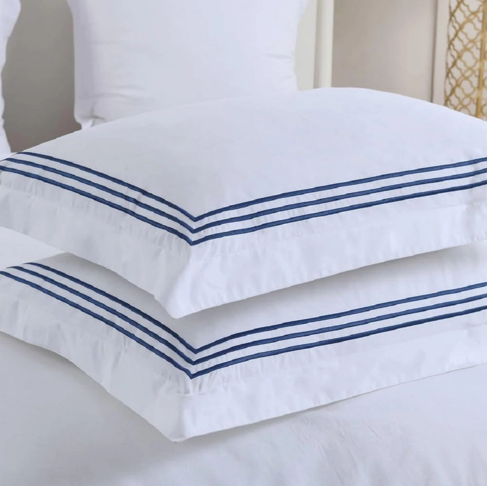 Royal Hotel Bedding Embroidered Adeline 3 Piece Comforter Cover with Pillow Shams, Duvet Cover Set, 100% Cotton Percale, Full/Queen, Navy