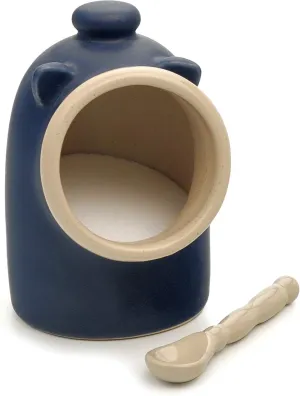 RSVP International Stoneware Salt Pig and Spoon Set, Wide Mouth, Dishwasher Safe, 3x3.25x5", Blue