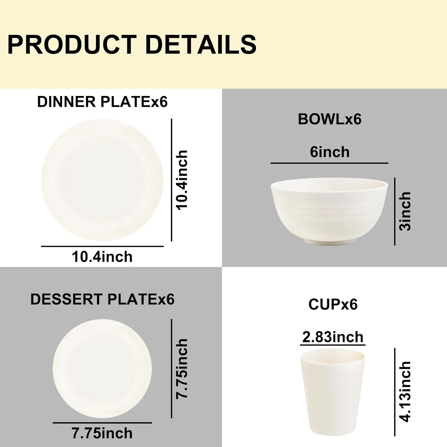 Rubtlamp 24 Pcs Wheat Straw Dinnerware Sets, Unbreakable Reusable Plastic Wheat Straw Bowls & Plates Dinner Set, Microwave And Dishwasher Safe Plates, 12Plates, 6Bowls, 6Cups for Party(Beige)