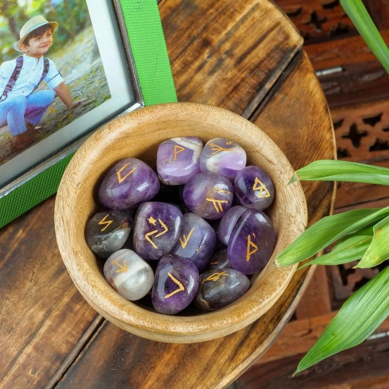 Rune Stones Amethyst - Gemstones and Crystals - Futhark Rune Set - Viking Ruin Stones - Engraved Druid Stones - Reiki Supplies - Feng Shui Decor - Crystal Set - Runes Runes with Guide Book
