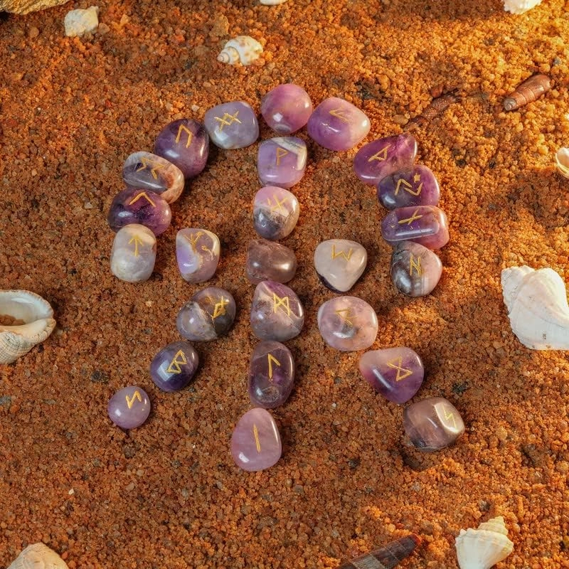 Rune Stones Amethyst - Gemstones and Crystals - Futhark Rune Set - Viking Ruin Stones - Engraved Druid Stones - Reiki Supplies - Feng Shui Decor - Crystal Set - Runes Runes with Guide Book