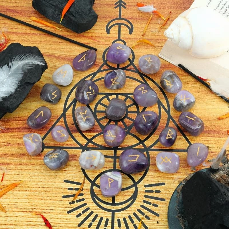 Rune Stones Amethyst - Gemstones and Crystals - Futhark Rune Set - Viking Ruin Stones - Engraved Druid Stones - Reiki Supplies - Feng Shui Decor - Crystal Set - Runes Runes with Guide Book