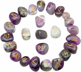 Rune Stones Amethyst - Gemstones and Crystals - Futhark Rune Set - Viking Ruin Stones - Engraved Druid Stones - Reiki Supplies - Feng Shui Decor - Crystal Set - Runes Runes with Guide Book