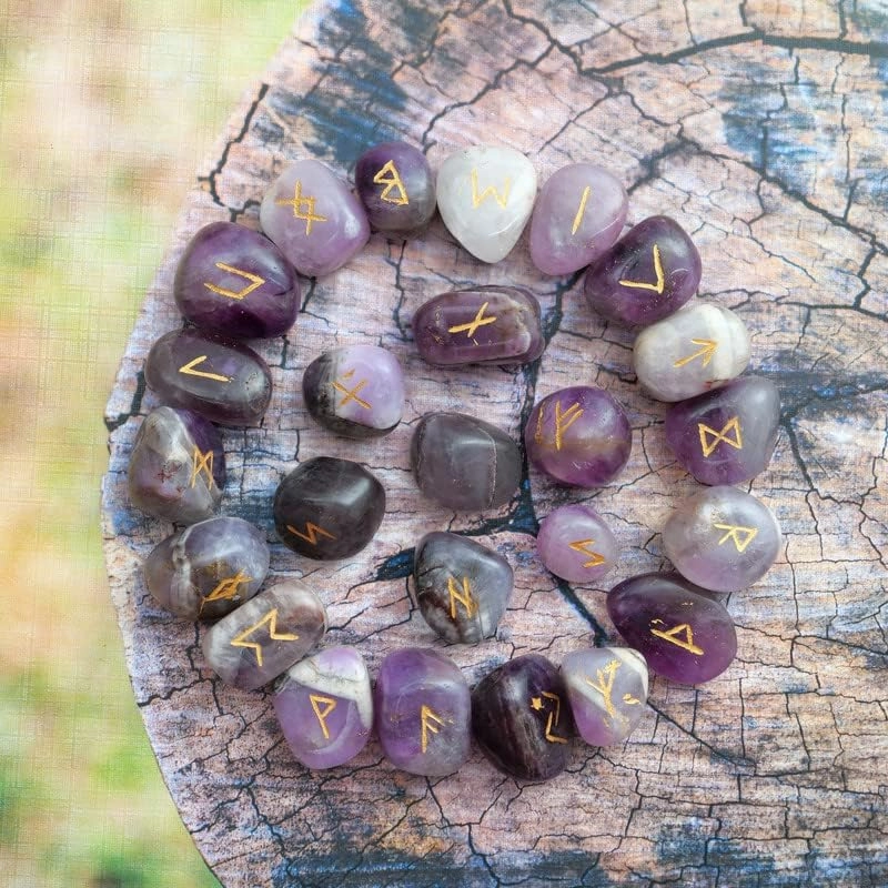 Rune Stones Amethyst - Gemstones and Crystals - Futhark Rune Set - Viking Ruin Stones - Engraved Druid Stones - Reiki Supplies - Feng Shui Decor - Crystal Set - Runes Runes with Guide Book