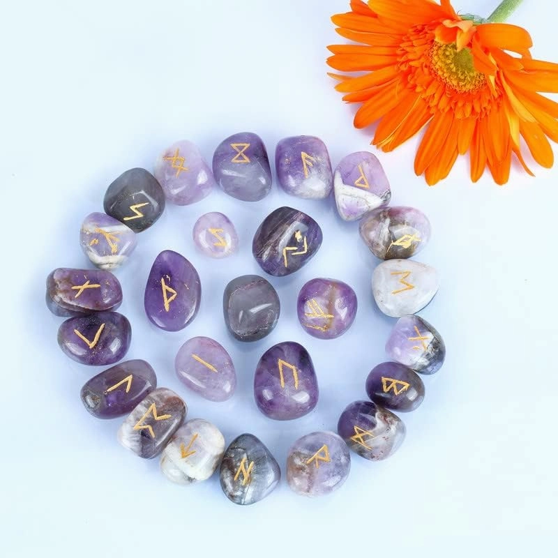 Rune Stones Amethyst - Gemstones and Crystals - Futhark Rune Set - Viking Ruin Stones - Engraved Druid Stones - Reiki Supplies - Feng Shui Decor - Crystal Set - Runes Runes with Guide Book