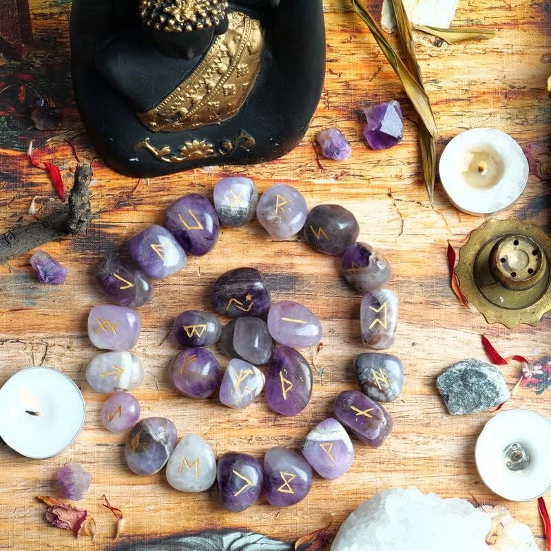 Rune Stones Amethyst - Gemstones and Crystals - Futhark Rune Set - Viking Ruin Stones - Engraved Druid Stones - Reiki Supplies - Feng Shui Decor - Crystal Set - Runes Runes with Guide Book