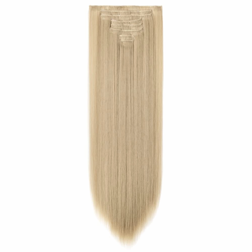 S-noilite Ombre Dip-dye Color 8 Piece Full Head Clip in Hair Extension 26 Inches 66cm Length Pink Curly New Synthetic Anti-tangle for Dreamlike Girls 26in Straight-Ash Blonde
