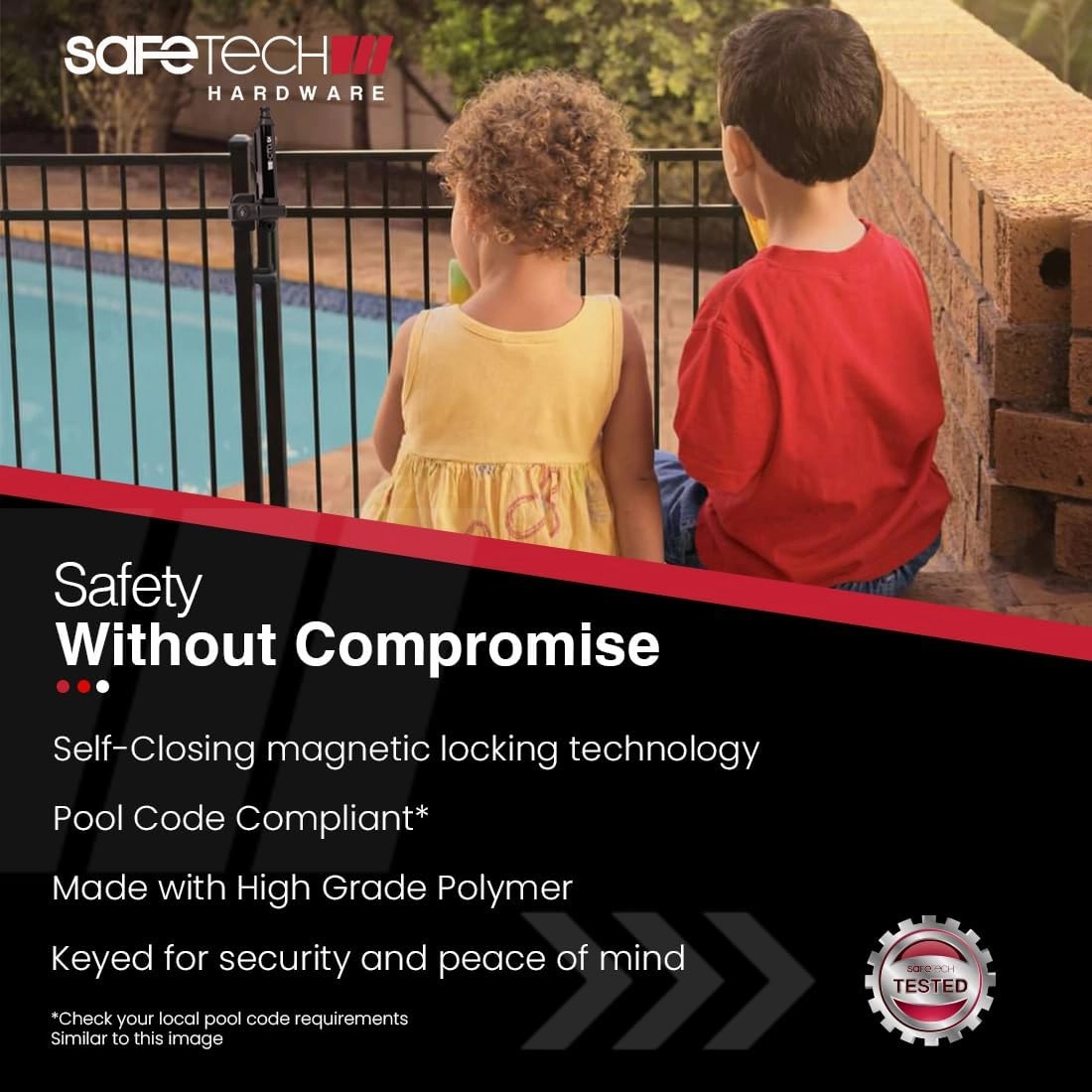 Safetech Hardware 10-inch Magnetic Top Pull Pool Gate Latch - Key Lockable | Pool Gate Safety Latch | Heavy Duty Vertical Self-Locking Lock | Vinyl & Aluminum/Metal Gates, Any Square Post | SL-25H