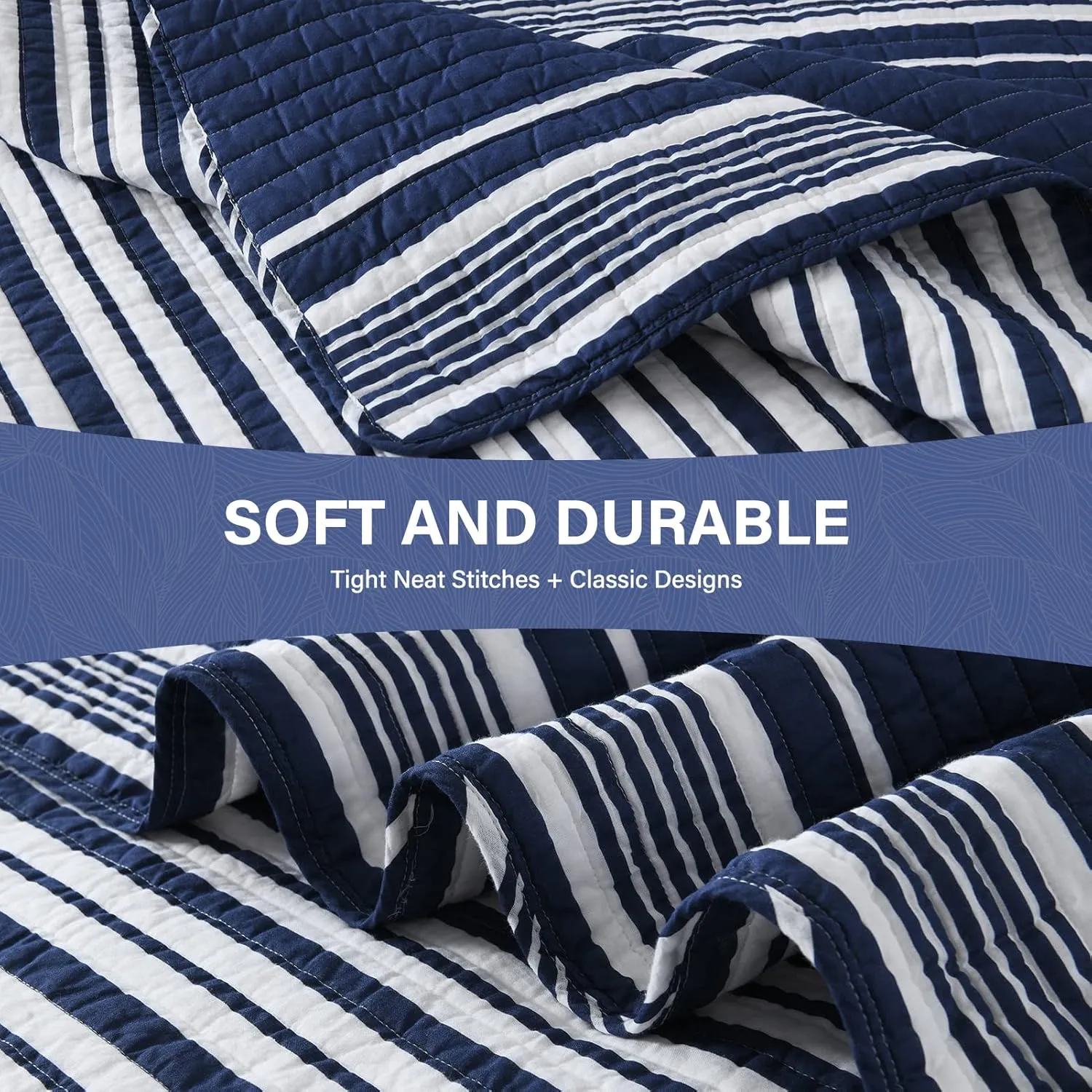 SahSahCasa Quilt King Size, King Quilt Set, 100% Cotton King Quilt Bedding Set Bedspreads, Lightweight Reversible Striped Pinstripe Quilts Bedspread for King Bed, All Season, Navy Blue, 3 Pieces