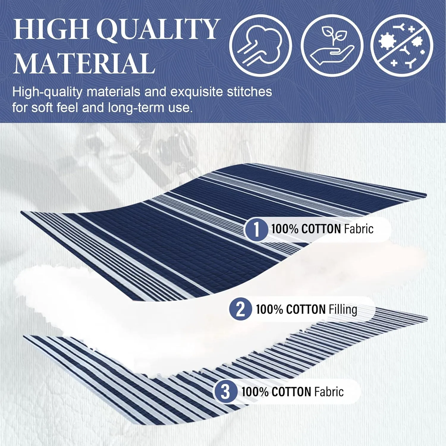 SahSahCasa Quilt King Size, King Quilt Set, 100% Cotton King Quilt Bedding Set Bedspreads, Lightweight Reversible Striped Pinstripe Quilts Bedspread for King Bed, All Season, Navy Blue, 3 Pieces