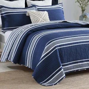 SahSahCasa Quilt King Size, King Quilt Set, 100% Cotton King Quilt Bedding Set Bedspreads, Lightweight Reversible Striped Pinstripe Quilts Bedspread for King Bed, All Season, Navy Blue, 3 Pieces