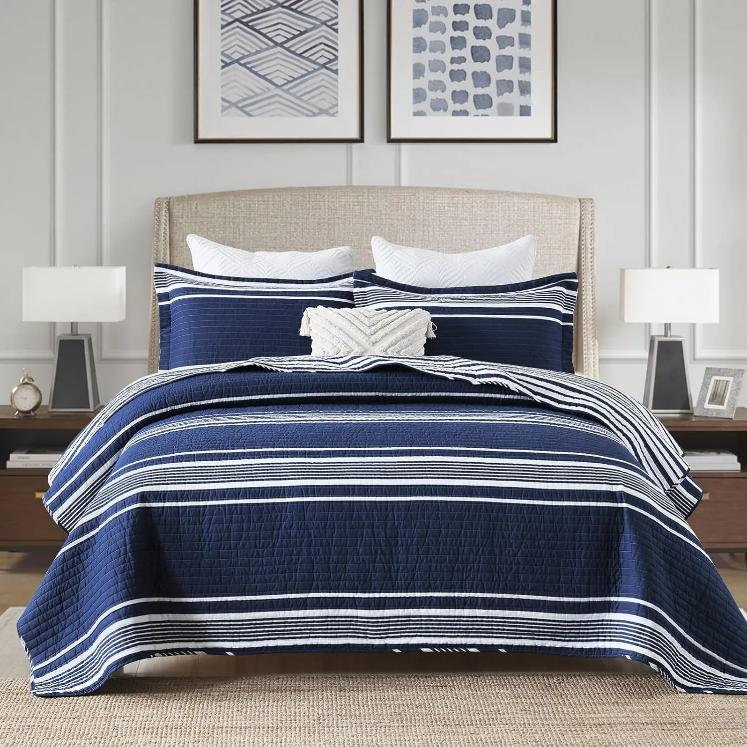 SahSahCasa Quilt King Size, King Quilt Set, 100% Cotton King Quilt Bedding Set Bedspreads, Lightweight Reversible Striped Pinstripe Quilts Bedspread for King Bed, All Season, Navy Blue, 3 Pieces