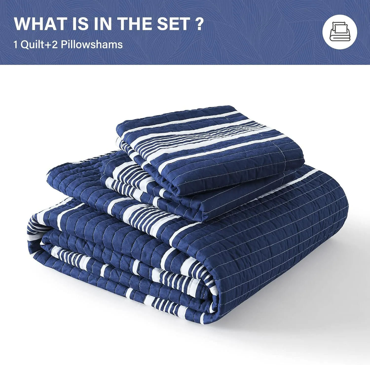 SahSahCasa Quilt King Size, King Quilt Set, 100% Cotton King Quilt Bedding Set Bedspreads, Lightweight Reversible Striped Pinstripe Quilts Bedspread for King Bed, All Season, Navy Blue, 3 Pieces