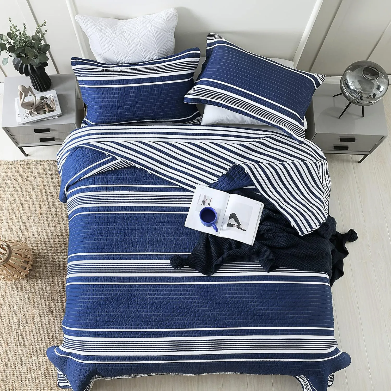 SahSahCasa Quilt King Size, King Quilt Set, 100% Cotton King Quilt Bedding Set Bedspreads, Lightweight Reversible Striped Pinstripe Quilts Bedspread for King Bed, All Season, Navy Blue, 3 Pieces