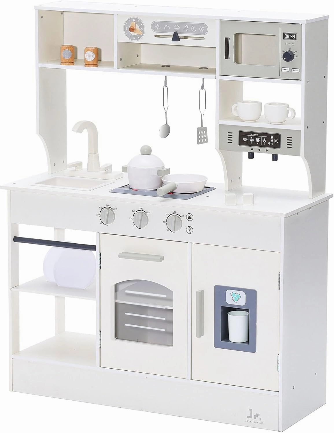 SainSmart Jr. Play Kitchen for Kids, Wooden Kitchen Playset with Lights & Sounds, Ice Maker, Oven & Sink, Trendy Home Style Toy Kitchen, Gift for 3  Years