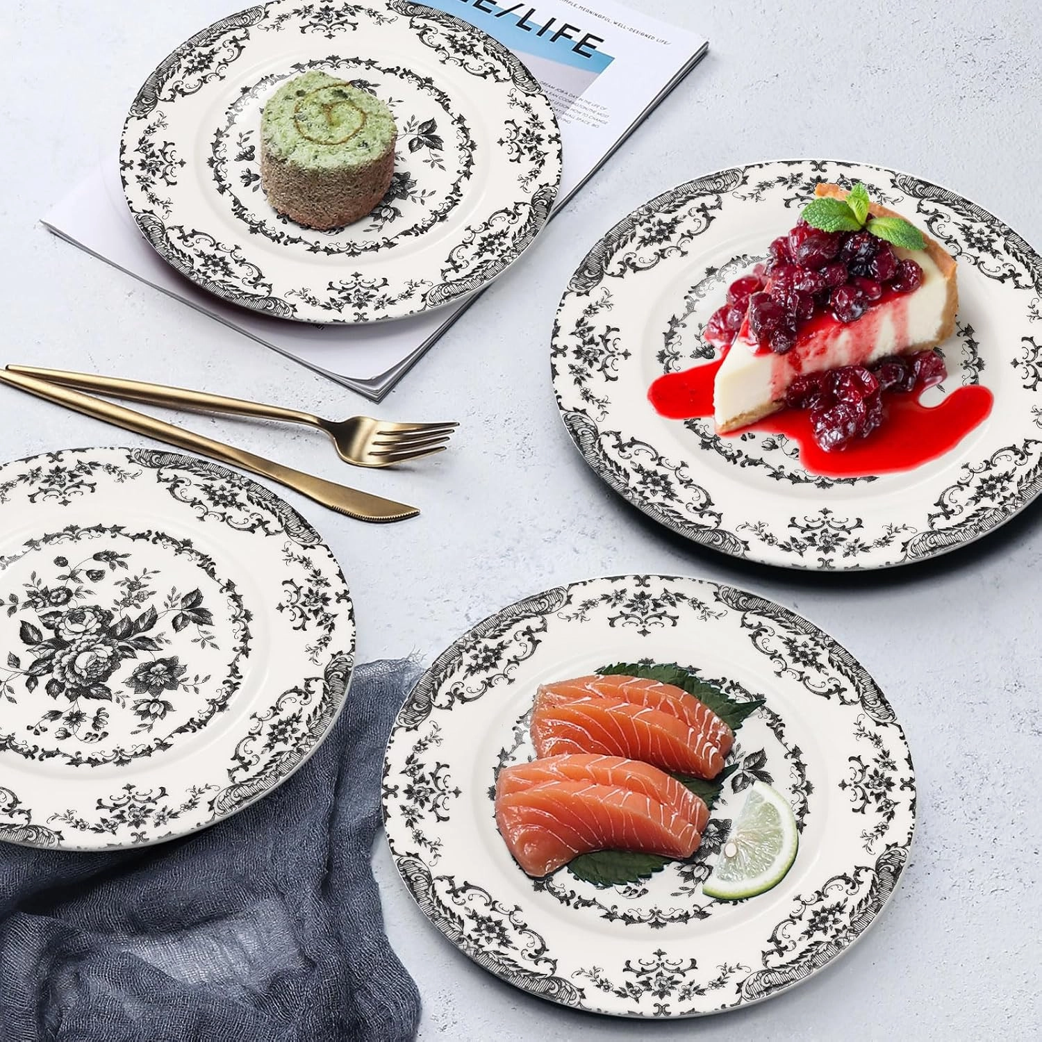 Salad Plates, 8.5 Inch Ceramic Plates Set of 6, Kitchen Plate Microwave Safe, White Porcelain Dessert Plate Porcelain Serving Dishes, Black