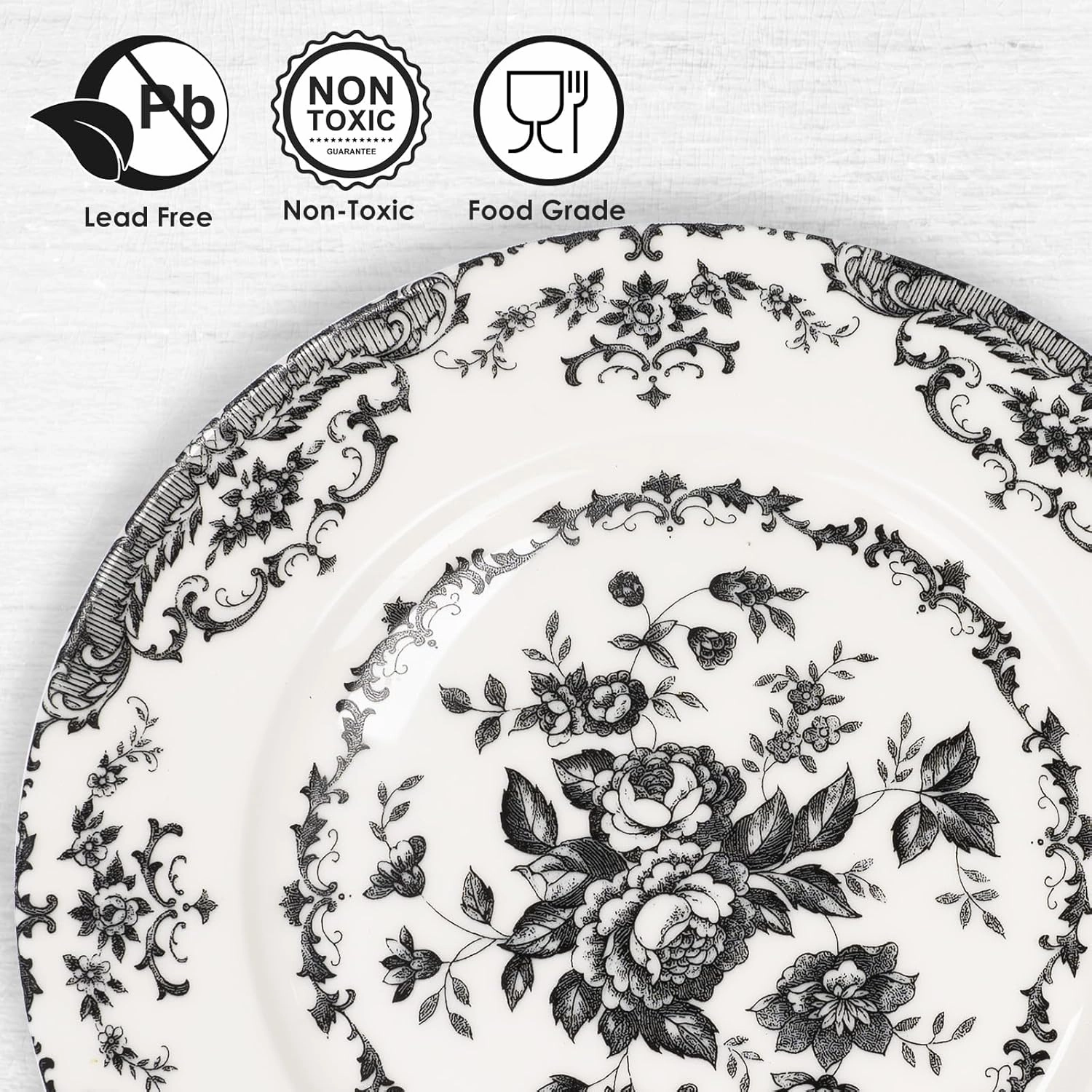 Salad Plates, 8.5 Inch Ceramic Plates Set of 6, Kitchen Plate Microwave Safe, White Porcelain Dessert Plate Porcelain Serving Dishes, Black