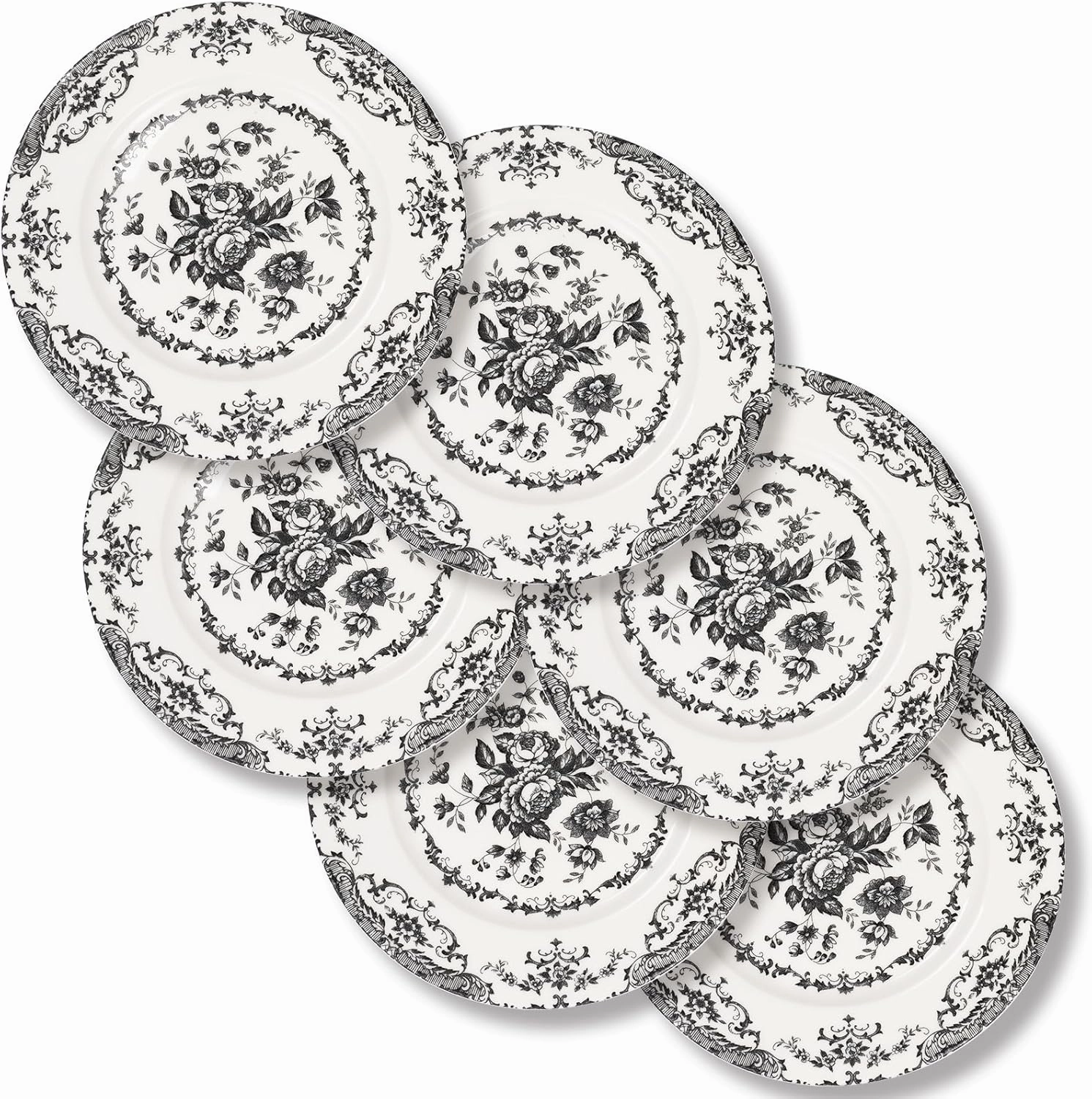 Salad Plates, 8.5 Inch Ceramic Plates Set of 6, Kitchen Plate Microwave Safe, White Porcelain Dessert Plate Porcelain Serving Dishes, Black