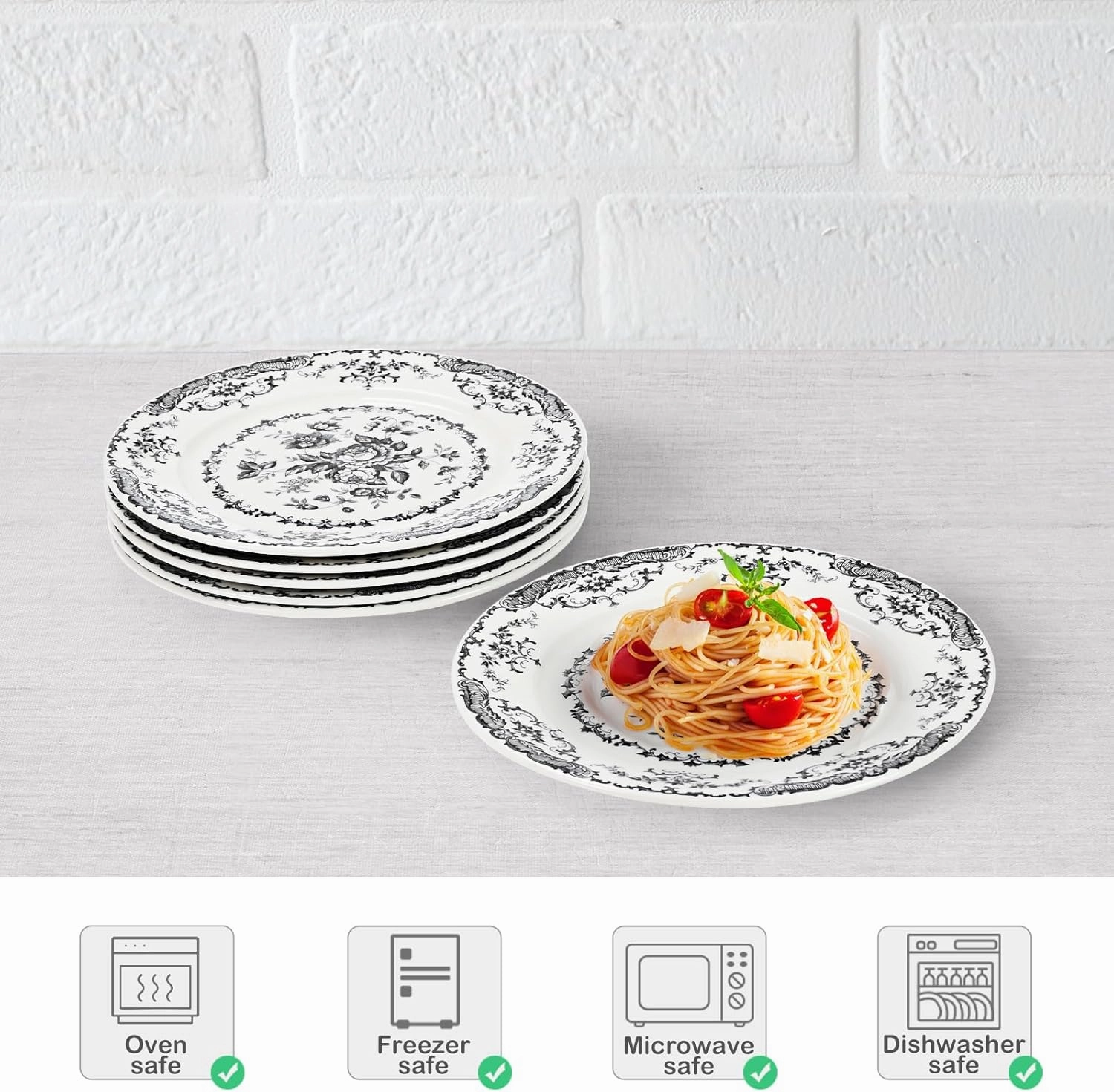 Salad Plates, 8.5 Inch Ceramic Plates Set of 6, Kitchen Plate Microwave Safe, White Porcelain Dessert Plate Porcelain Serving Dishes, Black