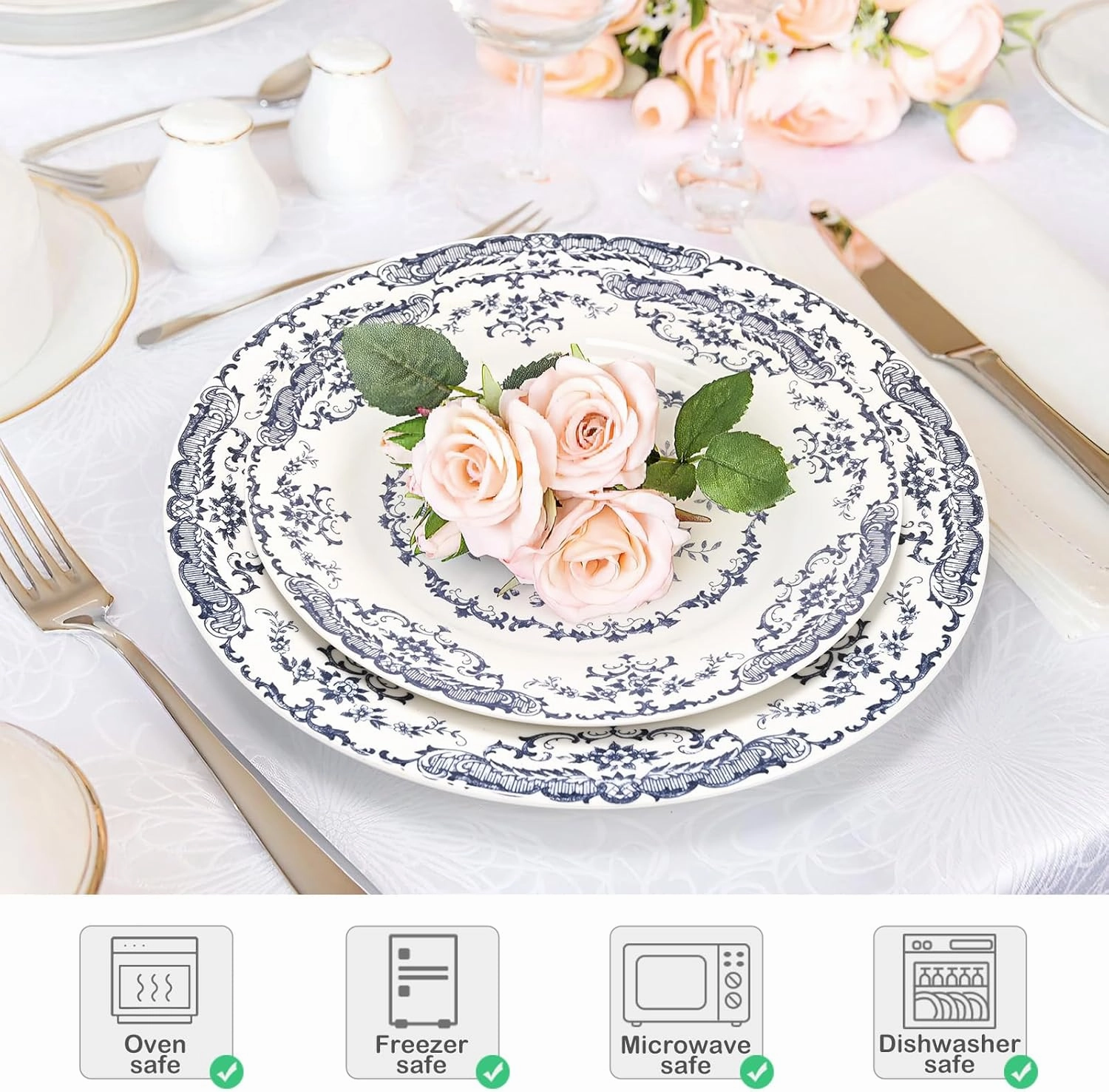 Salad Plates, Ceramic Plates Set of 6, Kitchen Plates Microwave Safe, 8.5 Inch White Plate Dessert Blue Floral