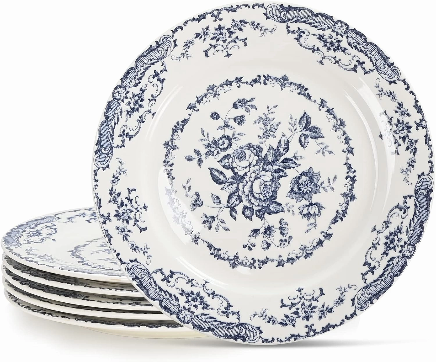 Salad Plates, Ceramic Plates Set of 6, Kitchen Plates Microwave Safe, 8.5 Inch White Plate Dessert Blue Floral