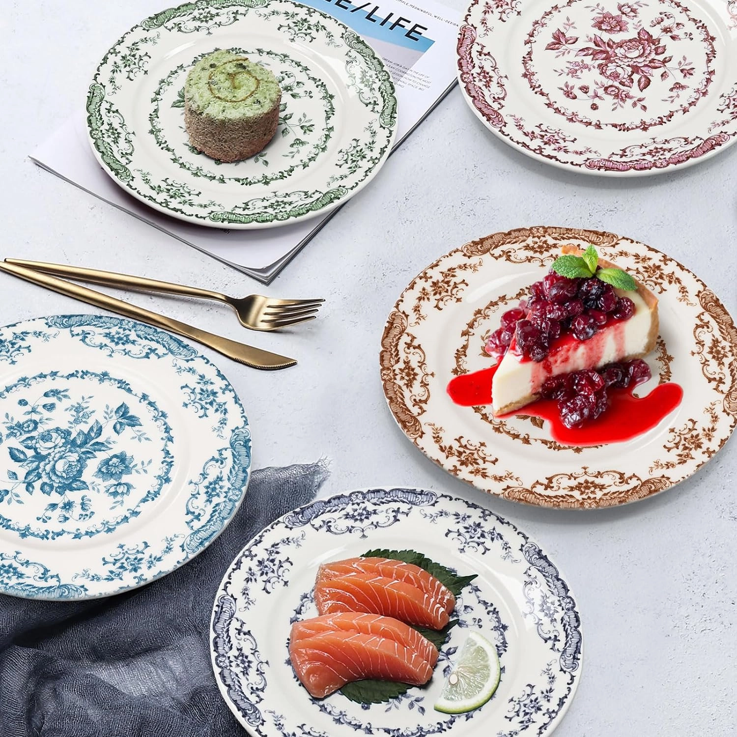 Salad Plates, Ceramic Plates Set of 6, Kitchen Plates Microwave Safe, 8.5 Inch White Plate Dessert Blue Floral