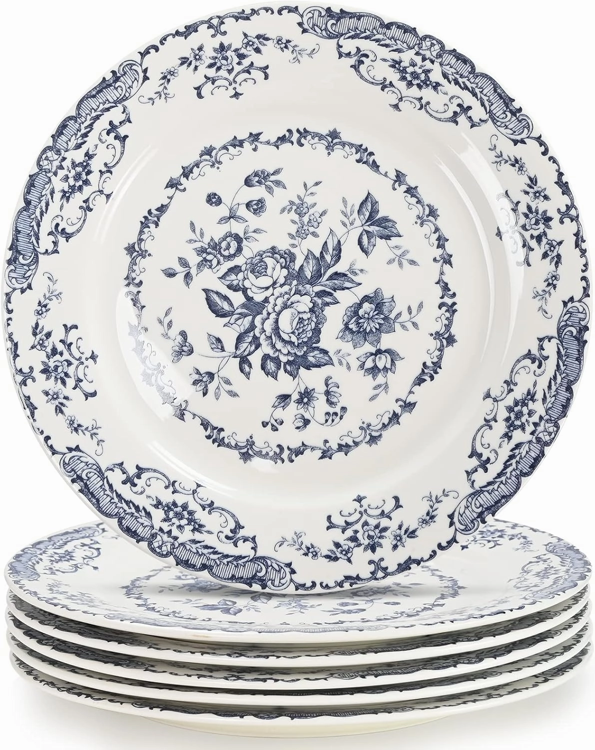Salad Plates, Ceramic Plates Set of 6, Kitchen Plates Microwave Safe, 8.5 Inch White Plate Dessert Blue Floral