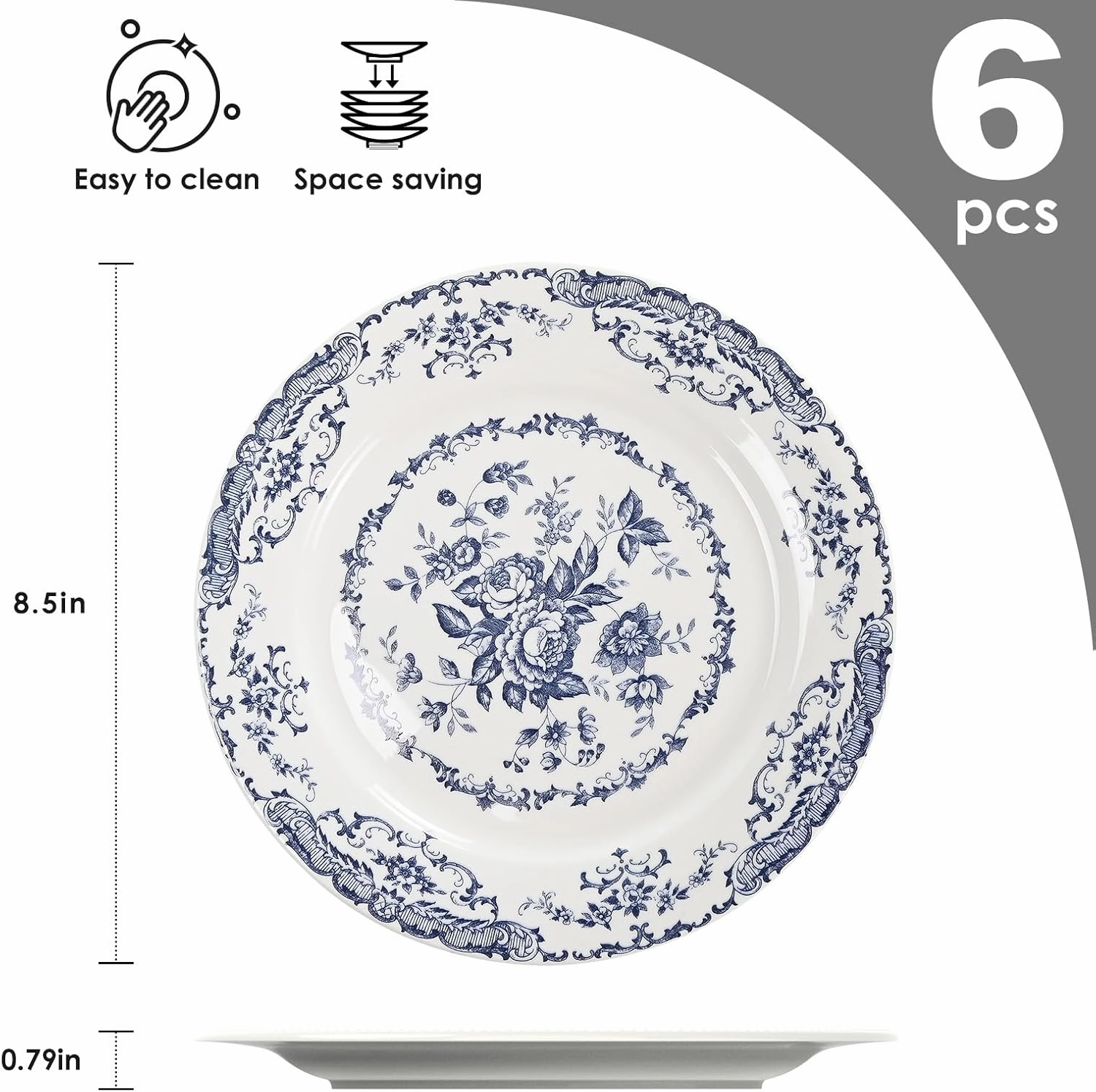 Salad Plates, Ceramic Plates Set of 6, Kitchen Plates Microwave Safe, 8.5 Inch White Plate Dessert Blue Floral