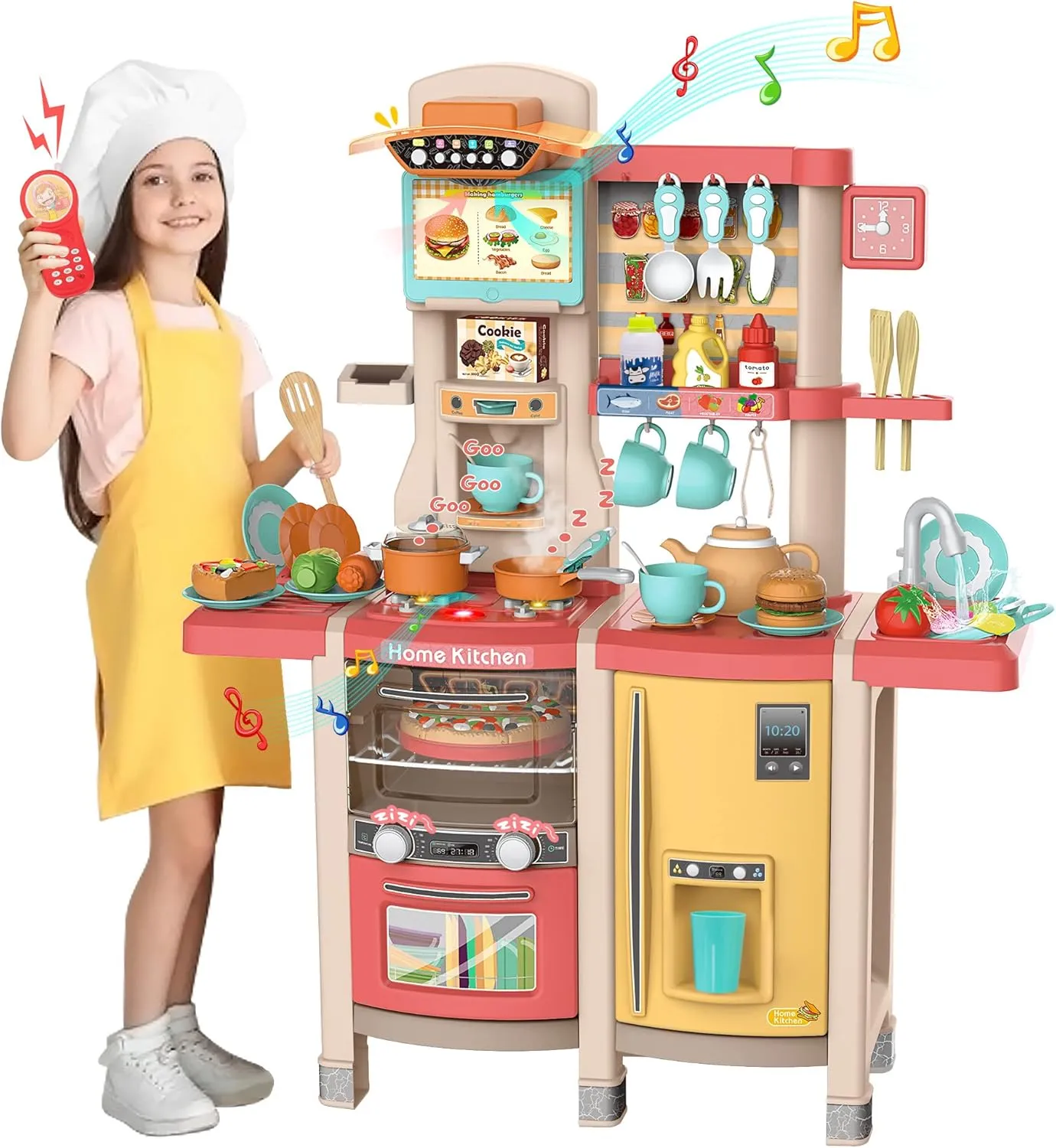 SANDINRAYLI Kids Kitchen Playset, Play Kitchen Set for Toddlers 3-5, Toy Pretend Kitchen with Spray Stove, Oven, Sink, Dishwasher, Kitchen Toys with Real Sounds and Light, Pink