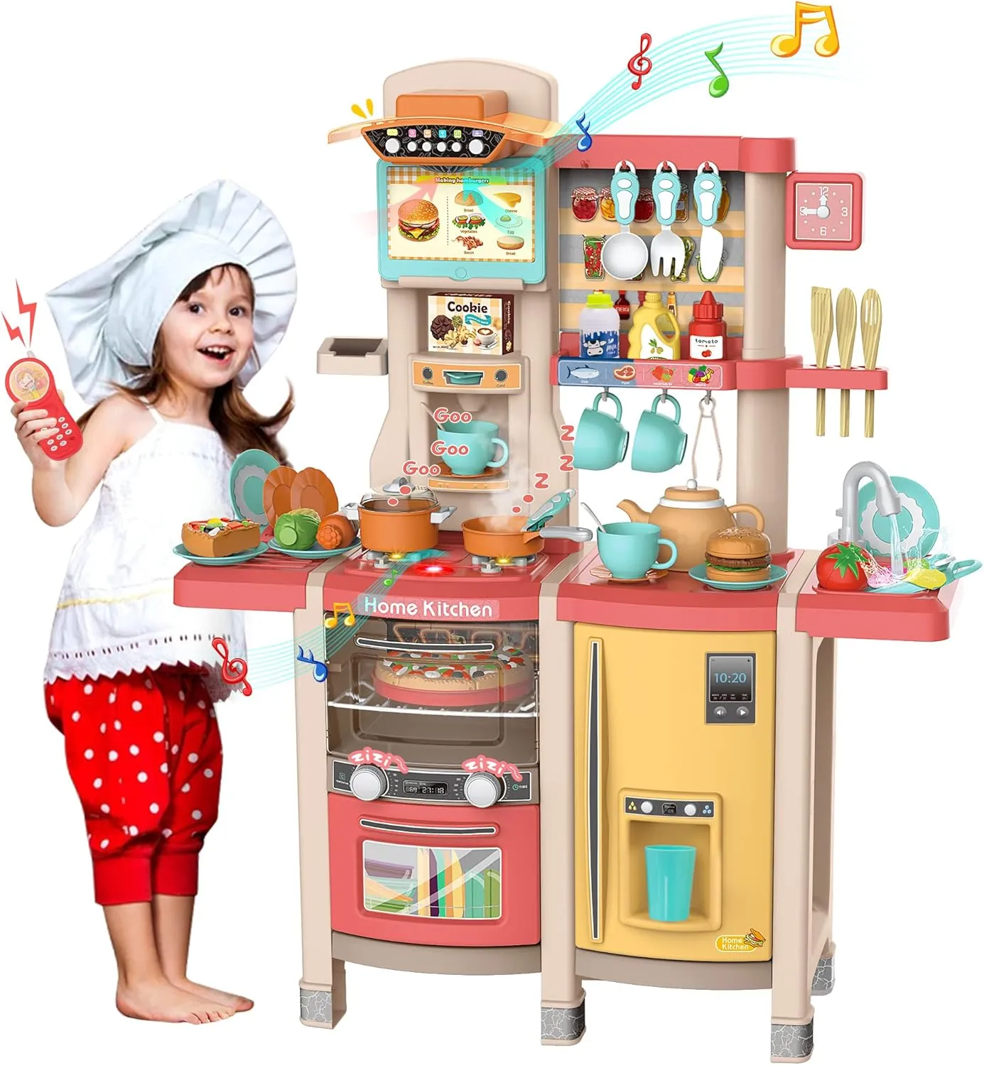 SANDINRAYLI Kids Kitchen Playset, Play Kitchen Set for Toddlers 3-5, Toy Pretend Kitchen with Spray Stove, Oven, Sink, Dishwasher, Kitchen Toys with Real Sounds and Light, Pink