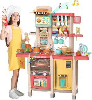 SANDINRAYLI Kids Kitchen Playset, Play Kitchen Set for Toddlers 3-5, Toy Pretend Kitchen with Spray Stove, Oven, Sink, Dishwasher, Kitchen Toys with Real Sounds and Light, Pink
