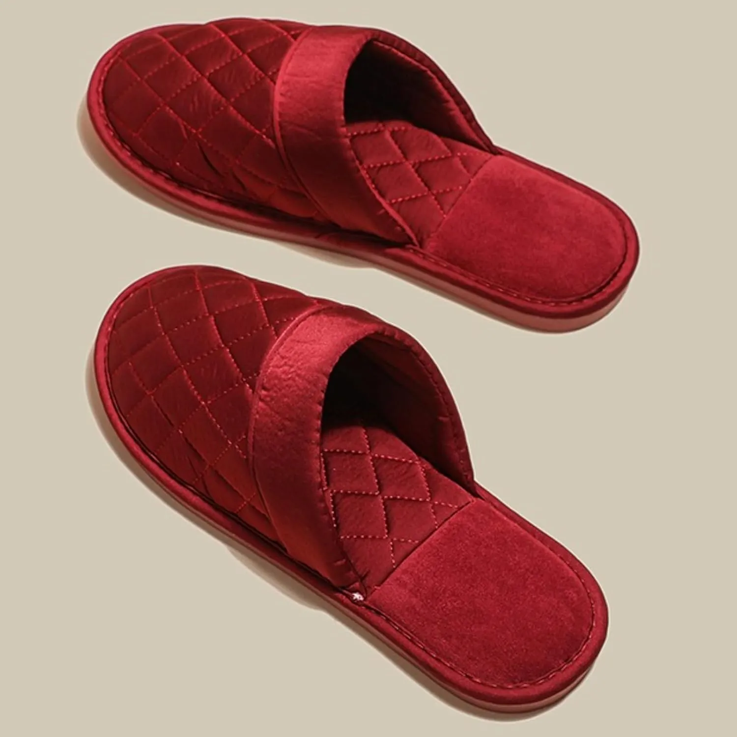 Satin Couple Home Slippers for Spring & Autumn, Indoor Closed-Toe Bedroom Slip-ons with Rhombic Pattern