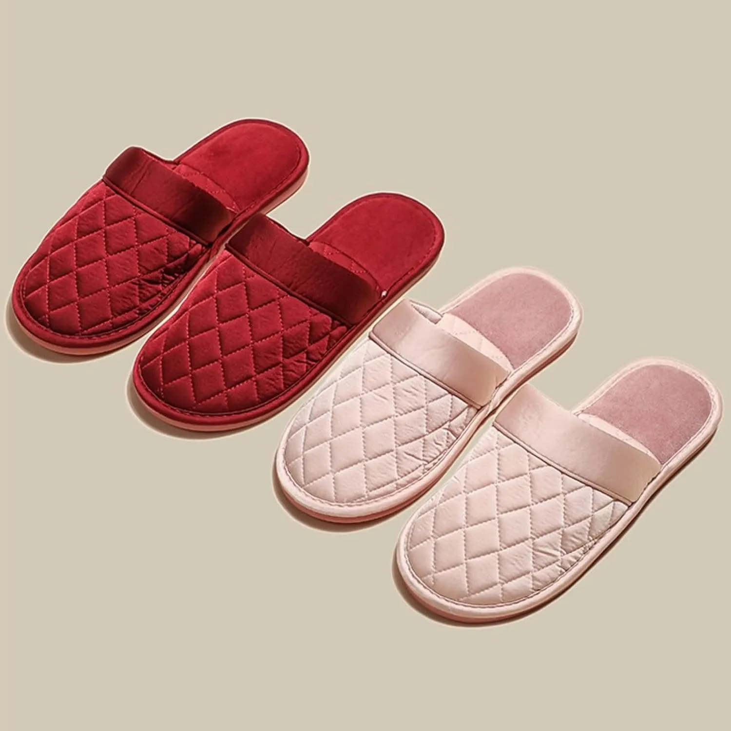 Satin Couple Home Slippers for Spring & Autumn, Indoor Closed-Toe Bedroom Slip-ons with Rhombic Pattern